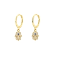 Hamsa Hand and Evil Eye gold hoop earrings with white zircon and blue stone inlay - Gold Hamsa Hand