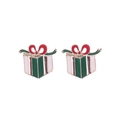 Detail view of Christmas gift box stud earrings with green enamel and red bow accents - Gift Box
