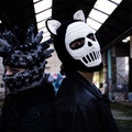 Pasamontañas de ganchillo hecho a mano y máscara de punto camuflaje estilo punk - Adulto 56-59cm / Gorro negro con orejas de gato y calavera blanca