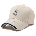 Off-white distressed baseball cap with embroidered letter R and torn brim detail - Light Beige
