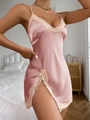 Pink silk-like satin nightgown with beige lace trim and elegant side slit for women - Pink