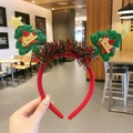 Christmas headband with green glitter trees, yellow stars and red bows on red band - Green Sequin Christmas Tree