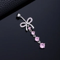 Silver belly button ring featuring pink zircon butterfly and dangling tassel design - Four Round Diamonds Bowknot Silver