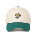 Close-up of smile sunflower embroidery on beige and green patchwork baseball cap - Beige/Dark Green