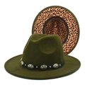 Detail of dark green fedora featuring leopard print lining and studded leather belt band - M (56-58cm) / Army Green