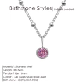 Minimalist light rose birthstone pendant necklace with silver beaded stainless steel chain - October Pink (Pink Rhinestone) / Silver