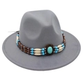 Detailed view of bohemian turquoise bead band and large gemstone on grey wool fedora hat - One Size / Light Gray