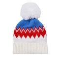 Three-color striped knit beanie with detachable white faux fur pompom in blue and red - Blue-Adult