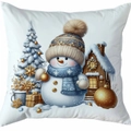 Housse de coussin Noël blanche avec bonhomme de neige doré et sapin de fête - Style 17