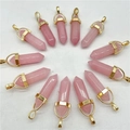 Set of 12 rose quartz hexagonal point pendants with elegant gold metal caps - Pink Jade / Pendant Only (Without Chain)