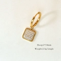 Close-up of golden hoop earrings with white zircon square charm and size specifications - Pave Zircon Square