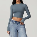 Haut court à manches longues gris-bleu moulant pour le yoga et le fitness en tissu extensible - S / Gris Bleu