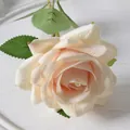 Single realistic light pink velvet rose spray with natural gradient petals and green leaves - 7cm / Elsa Rose-Champagne