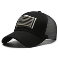 Black mesh trucker hat featuring a monochrome American flag embroidery on the front - Black and White