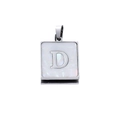 Macro detail of square stainless steel pendant with letter D on white shell - Steel D