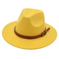 Classic yellow wool felt jazz fedora with brown leather belt and golden metal buckle - One Size / Yellow