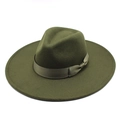 Olive green wide brim fedora hat with satin ribbon bow in a high-quality wool felt finish - M / Army Green