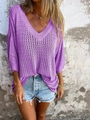 Lockerer lila Lochstrickpullover für Damen mit V-Ausschnitt und kurzen Ärmeln - 3XL / Königs Purpur