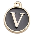 Letter V round pendant charm with gold trim and black oil finish for DIY bracelets - Letter V / 1 Piece (12x14mm) / Black