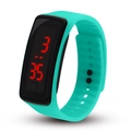 Detail of teal silicone strap and digital red LED time display on black rectangular watch - Sky Blue