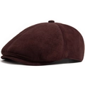 Classic newsboy cap in dark brown faux suede with retro six-panel stitching design - Adjustable / Burgundy