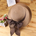 Women's summer straw sun hat with elegant dark brown linen bow decoration in light brown - One Size(Adjustable) / Folded Brim Khaki