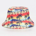 Tropical sunset print bucket hat with palm trees and floral pattern detail for outdoor sun protection - M (56-58cm) / Sunset Coconut Tree Print (#07)