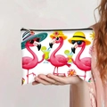 Trousse à maquillage en toile blanche avec motifs flamants roses et fermeture éclair - Style Flamant Rose de Vacances(jiayingpbb0421)