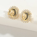 Golden religious medallion stud earrings with white and black cubic zirconia stones - Virgin Mary Portrait / Gold/Multicolor Zirconia