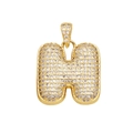 Macro view of gold-plated puffy letter H pendant encrusted with sparkling cubic zirconia - Letter H
