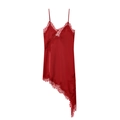 Detail des roten Satinkleids mit zarter Spitze und asymmetrischem Saumdesign - S / Rot