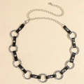Cintura in pelle nera e anelli di metallo argentato con chiusura regolabile - 783 Stile Fibbia a Catena / Argento