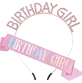 Pink BIRTHDAY GIRL rhinestone headband and glitter sash set for girls party celebrations - Birthday Girl / Rose Gold Headband And Pink Sash Set