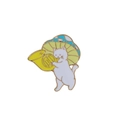 Insigne en émail chat blanc jouant de la trompette jaune avec décor de champignon - Chat Champignon Bleu Vert avec Cor (C2264)
