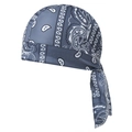 Close-up of the grey-blue paisley print dew rag with elongated rear tail and fine stitching - One Size / Dark Gray Paisley