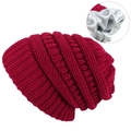 Dark red slouchy beanie with silver satin lining for warmth and hair protection - Burgundy