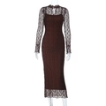 Brown mesh lace long sleeve dress with matching camisole inner set in a modern slim fit - S / Brown