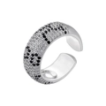 Detail of silver open ring featuring full cubic zirconia inlay in a leopard spot pattern - 8mm Wide / Platinum Silver (VJ584)