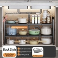 Black expandable 2-tier under sink organizer with adjustable width and steel shelves - Double Tier 8 Boards / Classic Black