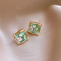 Close-up of gold square earrings with floral oil painting style and colorful crystals - Gold Square Green Base Pink Green Transparent Rhinestone (31#)