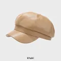 Khaki PU leather newsboy cap with vintage octagonal design and stitched texture - One Size (54-58cm) / Khaki