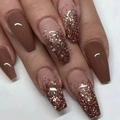 Mocha brown and rose gold glitter gradient coffin press-on nails set for a stylish look - Yellow Jelly Glue Set (With Nail File)