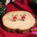 Cute Christmas candy cane wooden stud earrings with red bow on rustic wood base - Candy Cane
