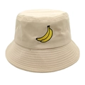 Close-up of yellow banana embroidery on a beige cotton bucket hat with stitching details - M(56-58cm) / Khaki