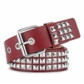 Detail of burgundy Y2K punk belt with triple rows of silver square metal studs - Burgundy