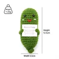 Handmade crochet positive pickle toy holding encouragement card with size dimensions - Autumn Green Pickle Tail Down p