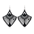 Close-up of black hollow wood earrings with geometric fan and diamond patterns - Style 19 (Bohemian Fan)