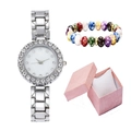 Women's rhinestone watch with colorful beaded bracelet and pink jewelry gift box set - Silver + Bracelet + Box