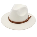 Classic creamy white fedora wool hat with brown leather belt buckle band for men and women - One Size / Off White