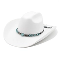 White wide brim felt cowboy hat with ethnic style turquoise bead band and rolled edge - M (56-59cm) / White